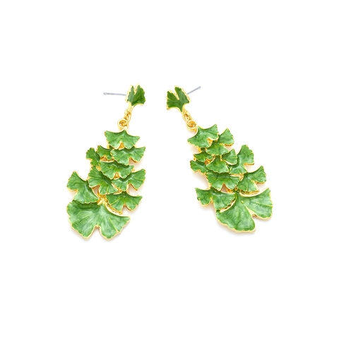 Ginkgo Blad Hangende Oorbellen Groen Emaille Meerlaags Goud Legering Pastorale Bos Natuur Stijl Vrouwen