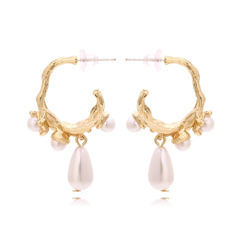 Pendientes De Gota En Forma De C Aleación De Zinc Textura De Rama Perla Artificial Incrustada Gota De Agua Vintage Elegante Joyería Para Mujeres
