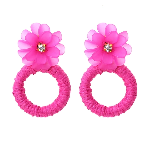 Oorbellen Met Harsbloem En Handgeweven Raffia Ring Boho Stijl Zomervakantie Voor Dames
