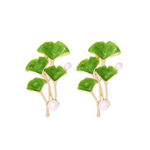 Ginkgo Leaf Earrings Enamel Green Plant Design With Imitation Artificial Pearl Zinc Alloy Nature Style Elegant For Women