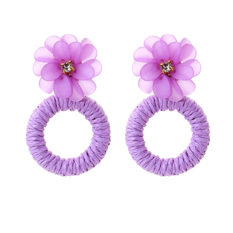 Resin Flower Rhinestone Drop Earrings With Handmade Woven Raffia Hoop Summer Vacation Boho For Women