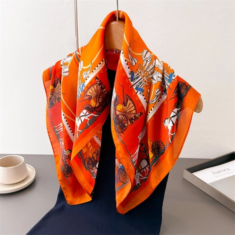 Vintage Carriage Print Satin Square Scarf For Women French Style Horse Harness Pattern Silk Like Polyester Bandana Wrap