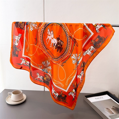 Vintage Carriage Print Satin Square Scarf For Women French Style Horse Harness Pattern Silk Like Polyester Bandana Wrap