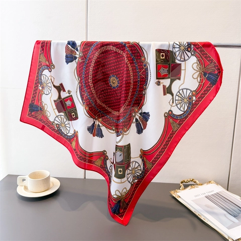 Elegant Faux Satin Square Scarf Retro Horse Carriage Print Polyester Satin Headband Neck Scarf For Women