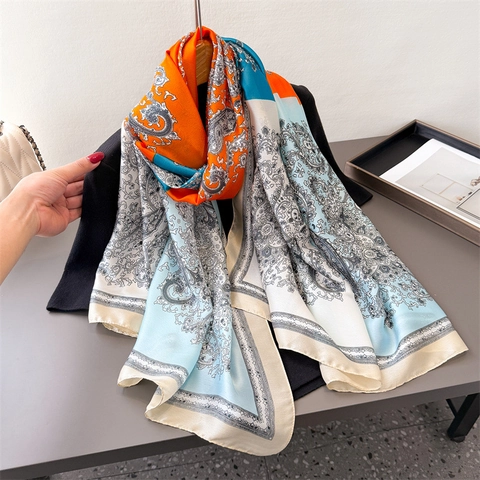 Women Vintage Paisley Print Satin Scarf Large Soft Polyester Shawl Wrap Sun Protection Fashion Hair Bandana Headscarf Accessory