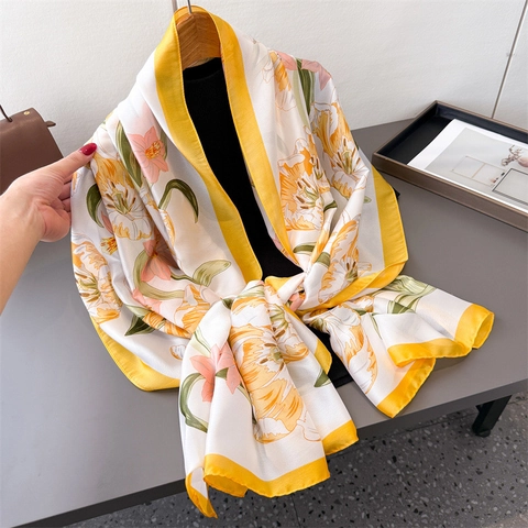Elegant Floral Print Polyester Satin Scarf Long Shawl For Women Sun Protection Satiny Soft Korean Style Tulip Pattern