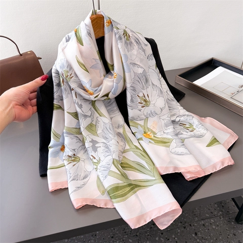 Elegant Floral Print Polyester Satin Scarf Long Shawl For Women Sun Protection Satiny Soft Korean Style Tulip Pattern