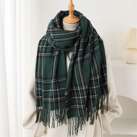 Écharpe Châle D'hiver Imitation Cachemire Rétro Style Britannique À Carreaux Longues Franges Chaud Élégant Pour Femmes