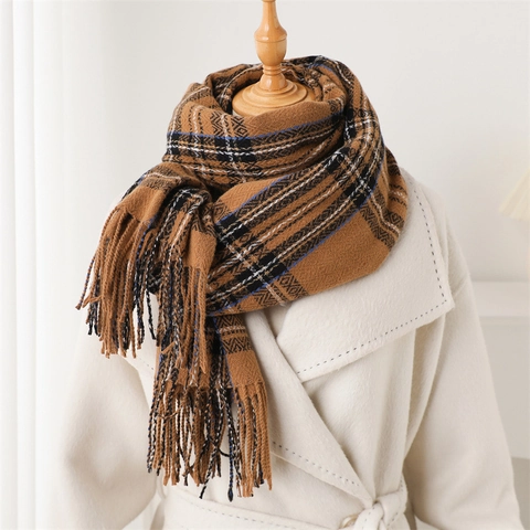Écharpe Châle D'hiver Imitation Cachemire Rétro Style Britannique À Carreaux Longues Franges Chaud Élégant Pour Femmes