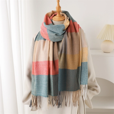 Sciarpa Invernale Patchwork A Quadri Imitazione Cashmere Nappa Scialle Caldo Versatile Elegante Grande Avvolgente Moda Per Donne