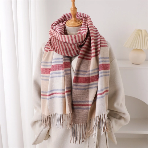 Sciarpa A Righe E Quadri Scialle In Poliestere Caldo Inverno Lungo Frangia Donne Elegante Versatile