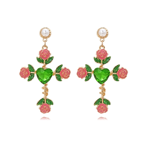 Orecchini A Pendente Croce Con Rosa In Smalto Rosa E Cristallo Cuore Verde Finta Perla Artificial Bianca Gioielli Per Donna