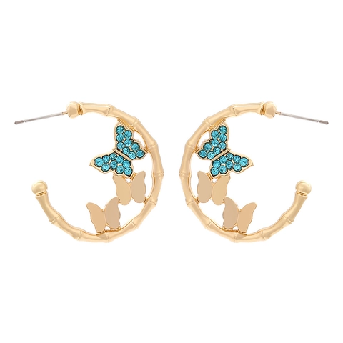 Alloy Rhinestone Butterfly Hoop Earrings C Shaped Bamboo Joint Texture Fashion Jewelry Women