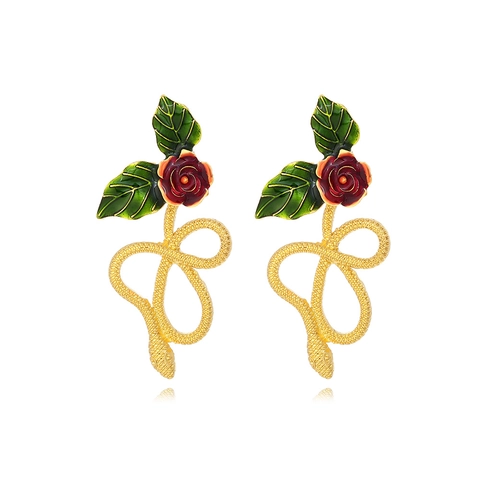 Snake Rose Earrings Vintage Gold Tone Zinc Alloy Enamel Dangle Earrings Fashion Jewelry For Women