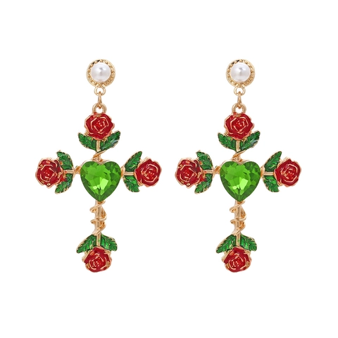 Orecchini A Pendente Croce Con Rosa In Smalto Rosa E Cristallo Cuore Verde Finta Perla Artificial Bianca Gioielli Per Donna