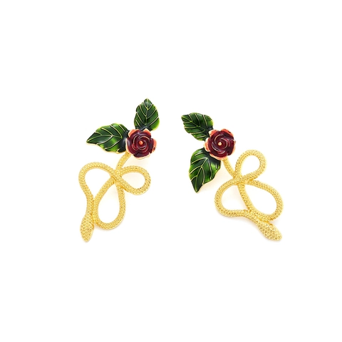Snake Rose Earrings Vintage Gold Tone Zinc Alloy Enamel Dangle Earrings Fashion Jewelry For Women