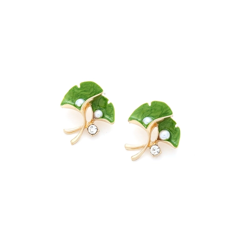Pendientes De Hoja De Ginkgo Con Follaje De Aleación De Esmalte Verde Perla Artificial De Imitación Pedrería Y Poste De Plata Joyería Mujer