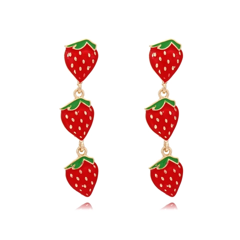 Strawberry Drop Earrings Zinc Alloy Enamel Triple Layer Stacked Fruit Long Dangle Sweet Summer Holiday Accessory For Women