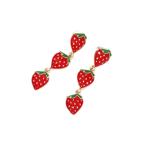 Strawberry Drop Earrings Zinc Alloy Enamel Triple Layer Stacked Fruit Long Dangle Sweet Summer Holiday Accessory For Women