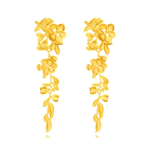 Long Flower Leaf Drop Earrings Zinc Alloy Vintage Gold Tone Plant Design Statement Elegant Jewelry For Women