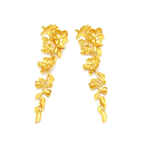 Long Flower Leaf Drop Earrings Zinc Alloy Vintage Gold Tone Plant Design Statement Elegant Jewelry For Women