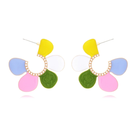 Bloemblad Oorknopjes Emaille Kleurrijk C Vormig Floraal Met Imitatieparel Zoete Sieraden Voor Dames