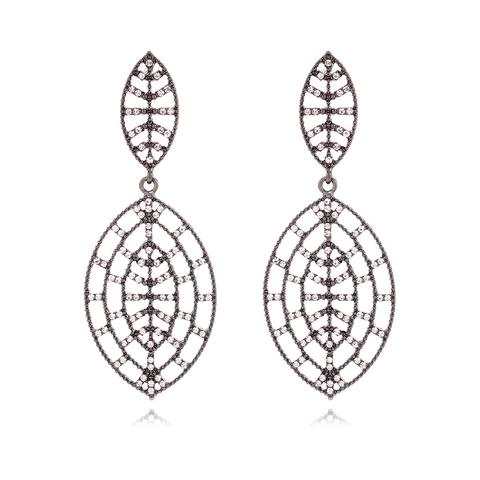 Exaggerated Hollow Leaf Drop Earrings Zinc Alloy Rhinestone Long Mesh Grid Retro Fashion Dangle Jewelry For Women