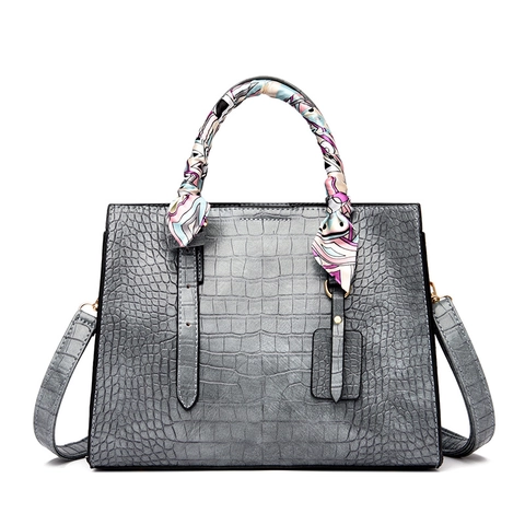 Crocodile Pattern PU Leather Tote Handbag With Scarf Wrapped Handle Elegant Shoulder Crossbody Bag For Women Large Capacity