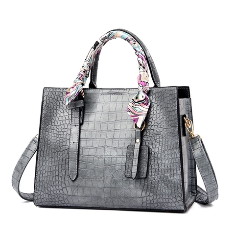 Crocodile Pattern PU Leather Tote Handbag With Scarf Wrapped Handle Elegant Shoulder Crossbody Bag For Women Large Capacity