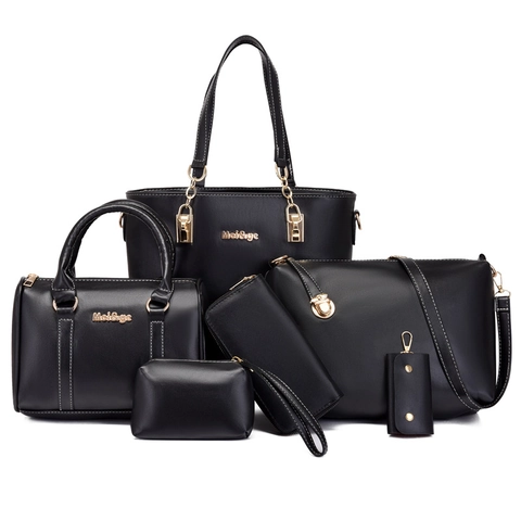 Einfarbige PU Leder Damen Handtaschen Tote Umhängetasche Geldbörse Kosmetiktasche Schlüsselhalter Weiße Nähte Gold Hardware