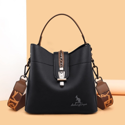 Damen Eimer Tasche Aus Strukturiertem Leder Mit Großem Fassungsvermögen Und Breitem Jacquard Schultergurt Elegante Umhängetasche