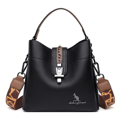 Damen Eimer Tasche Aus Strukturiertem Leder Mit Großem Fassungsvermögen Und Breitem Jacquard Schultergurt Elegante Umhängetasche