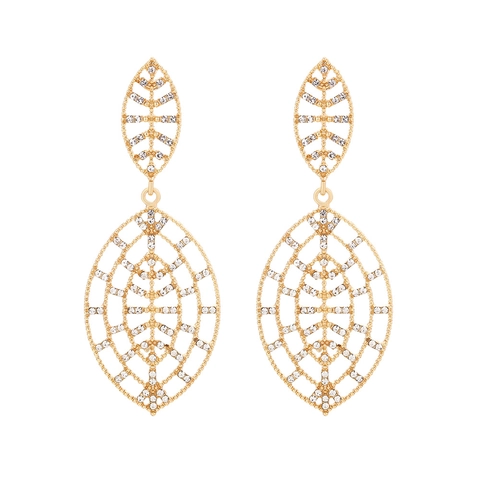Exaggerated Hollow Leaf Drop Earrings Zinc Alloy Rhinestone Long Mesh Grid Retro Fashion Dangle Jewelry For Women