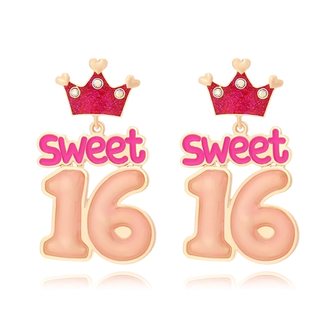 Sweet 16 Crown Dangle Earrings Zinc Alloy Enamel Rhinestone Birthday Party Jewelry For Women Girls