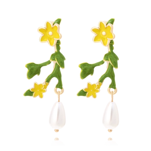 Orecchini A Goccia Floreali Smalto Fiore Foglia Verde Perla Artificial Lega Pastorale Elegante Gioielli Per Donne