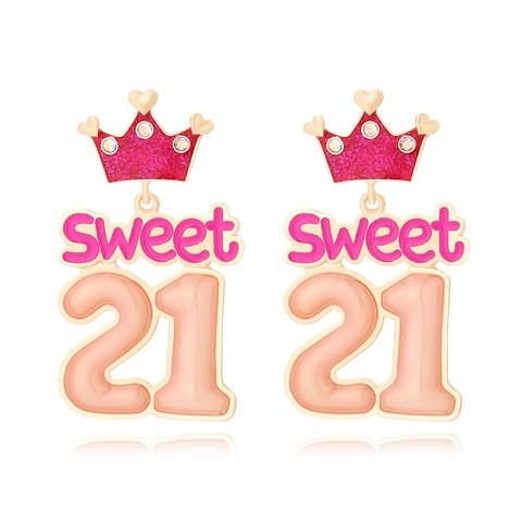 Sweet Twenty One Birthday Dangle Earrings Pink Glitter Crown Heart Enamel Zinc Alloy Rhinestone Drop Jewelry Gift Women