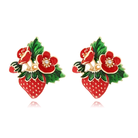 Erdbeer Ohrringe Legierung Emaille Frucht Blume Strass Süß Schmuck Für Frauen