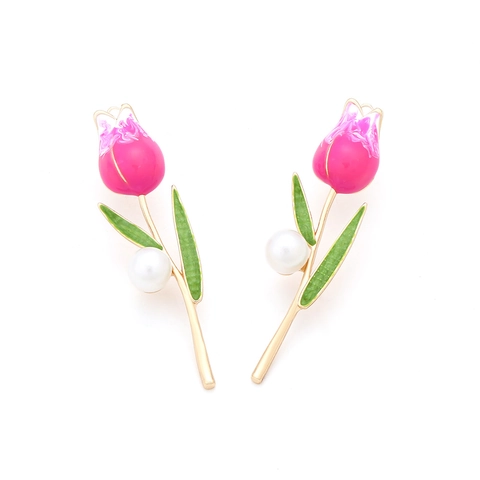 Elegante Tulpenblüten-Ohrhänger Emaille-Blumen Mit Künstliche Perlenimitat Und Edelstahl-Ohrstecker Für Damen