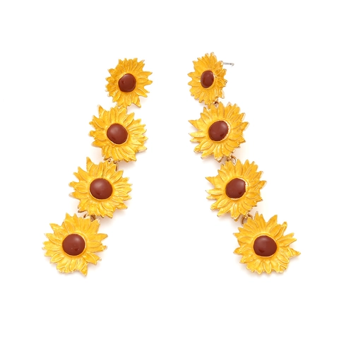 Alloy Enamel Sunflower Long Dangle Earrings Cascading Floral Drop Jewelry For Women Fresh Pastoral Style Yellow