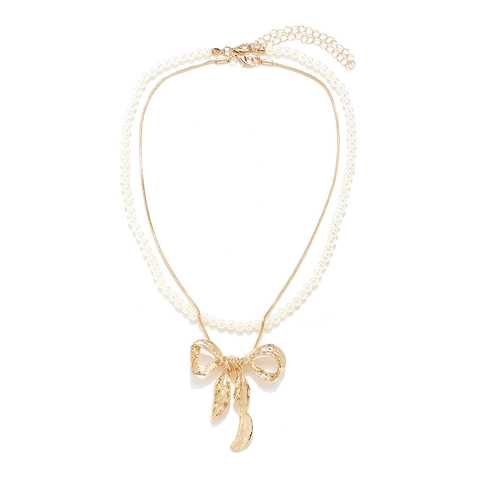 Gelaagde Ketting Legering Strass Strikhanger Gehamerde Textuur Imitatie Kunstparel Verstelbare Ketting Trendy Retro Voor Dames