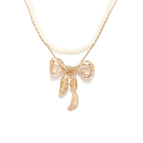Gelaagde Ketting Legering Strass Strikhanger Gehamerde Textuur Imitatie Kunstparel Verstelbare Ketting Trendy Retro Voor Dames