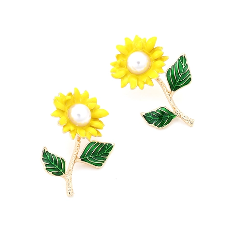 Sunflower Dangle Earrings Zinc Alloy Enamel Floral Jewelry With White Imitation Artificial Pearl Accent Fresh Summer Style For Women