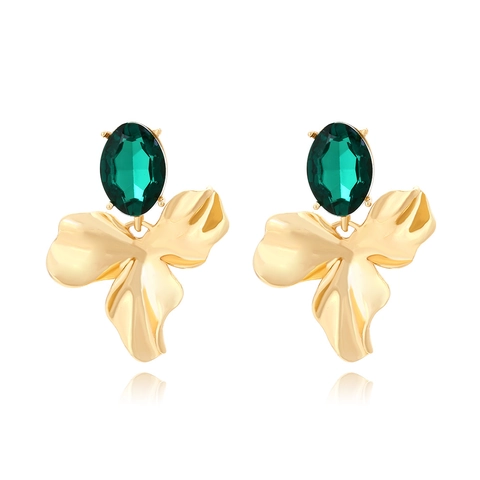 Floral Petal Drop Earrings Emerald Green Oval Glass Rhinestone Alloy Vintage Style For Women Elegant Jewelry