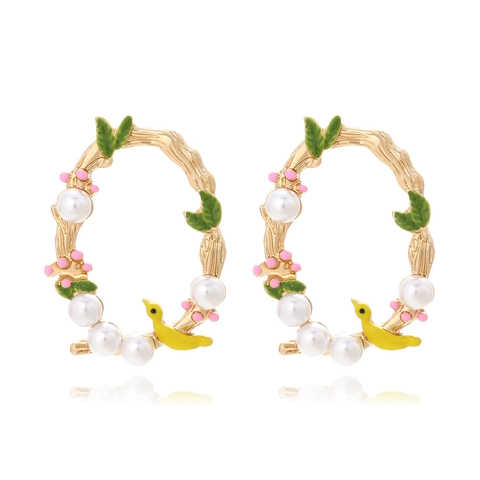 Boucles D'oreilles Couronne Oiseau Alliage Zinc Émail Künstliche Perle Imitation Fleur Feuille Style Pastoral Naturel Bijoux