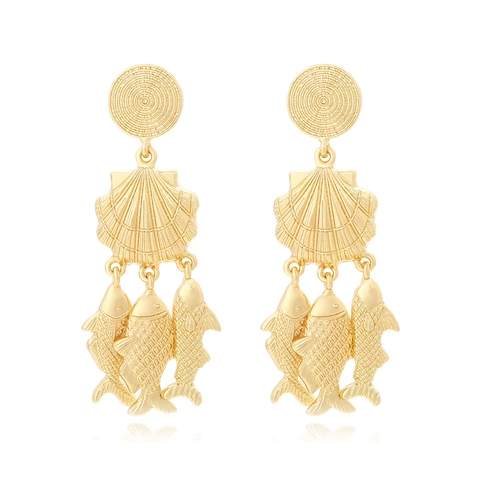 Statement Drop Earrings Gold Tone Zinc Alloy Ocean Theme Seashell Fish Charms Textured Mediterranean Style Women Jewelry Gift