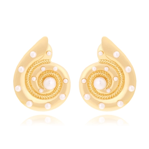 Oversized Conch Shell Stud Earrings Zinc Alloy Gold Plated Faux Artificial Pearl Inlaid Retro Beach Style For Women