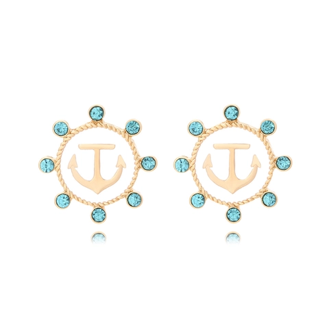 Nautical Anchor Ship Wheel Stud Earrings Zinc Alloy Enamel Light Blue Rhinestone Vintage Marine Style For Women Jewelry