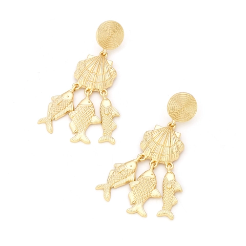 Statement Drop Earrings Gold Tone Zinc Alloy Ocean Theme Seashell Fish Charms Textured Mediterranean Style Women Jewelry Gift