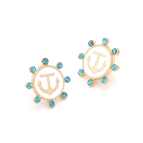 Nautical Anchor Ship Wheel Stud Earrings Zinc Alloy Enamel Light Blue Rhinestone Vintage Marine Style For Women Jewelry