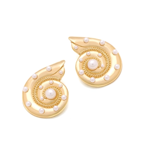 Oversized Conch Shell Stud Earrings Zinc Alloy Gold Plated Faux Artificial Pearl Inlaid Retro Beach Style For Women